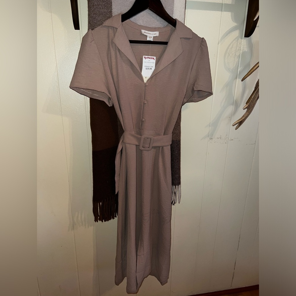 Tan Belted Button Down Dress
